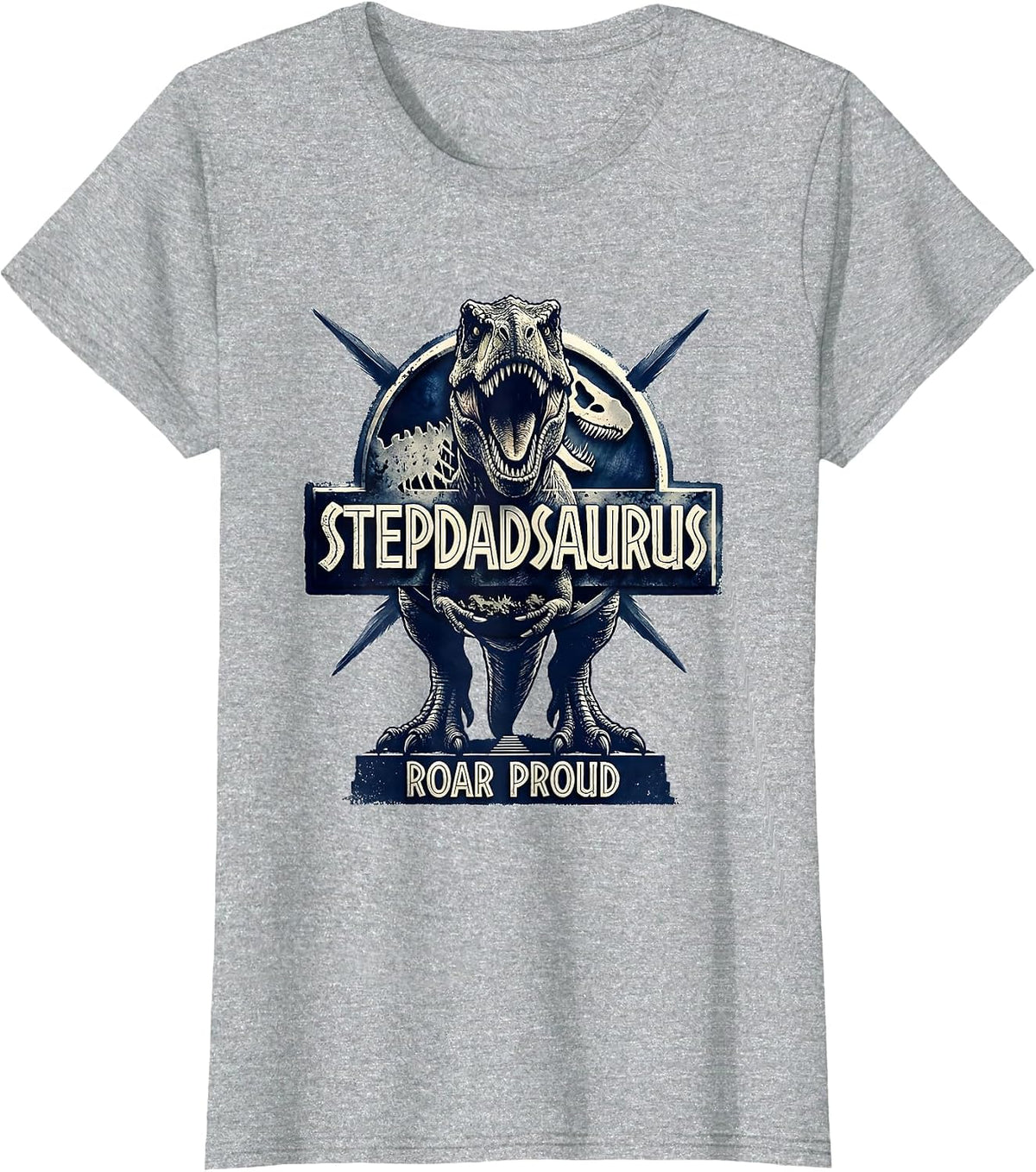 Stepdadsaurus Roar Proud Funny Dinosaur Family Pun Gift T-Shirt - Heather Grey