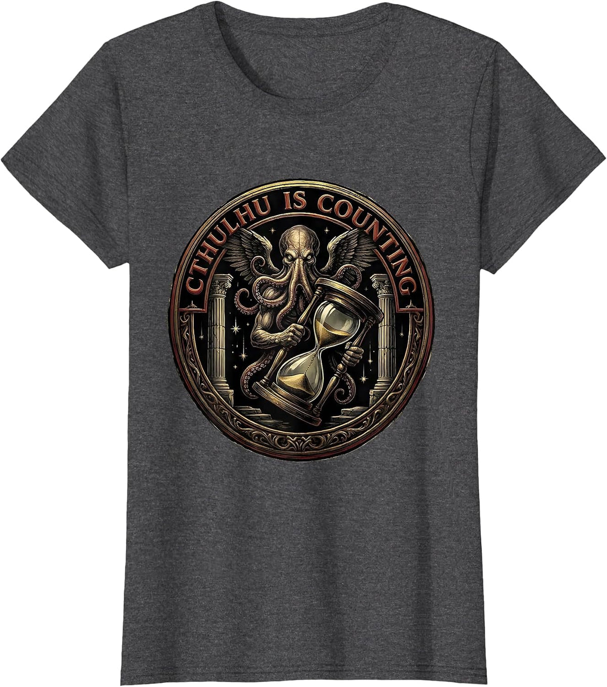 Women's Cthulhu Is Counting Cosmic Horror Parody Emblem T-Shirt - Dark Heather Grey