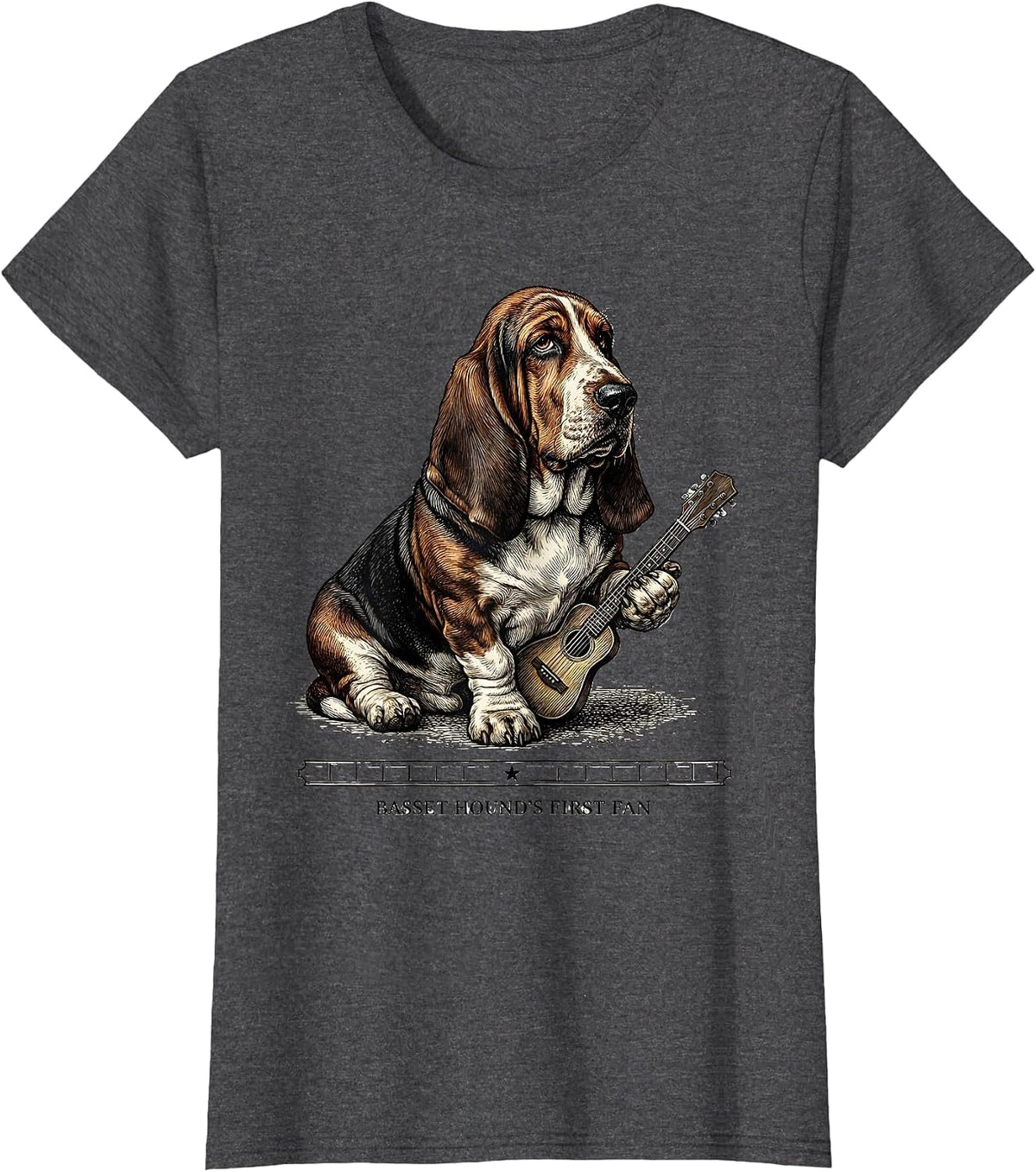 Women's Basset Hound's First Fan Crosshatch Etching Rock Music Dog T-Shirt - Dark Heather Grey