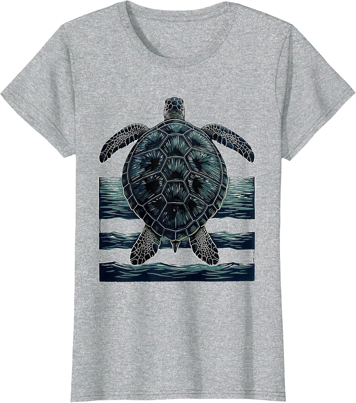 Sea Turtle Linocut Ocean Animal Lover Art T-Shirt - Heather Grey