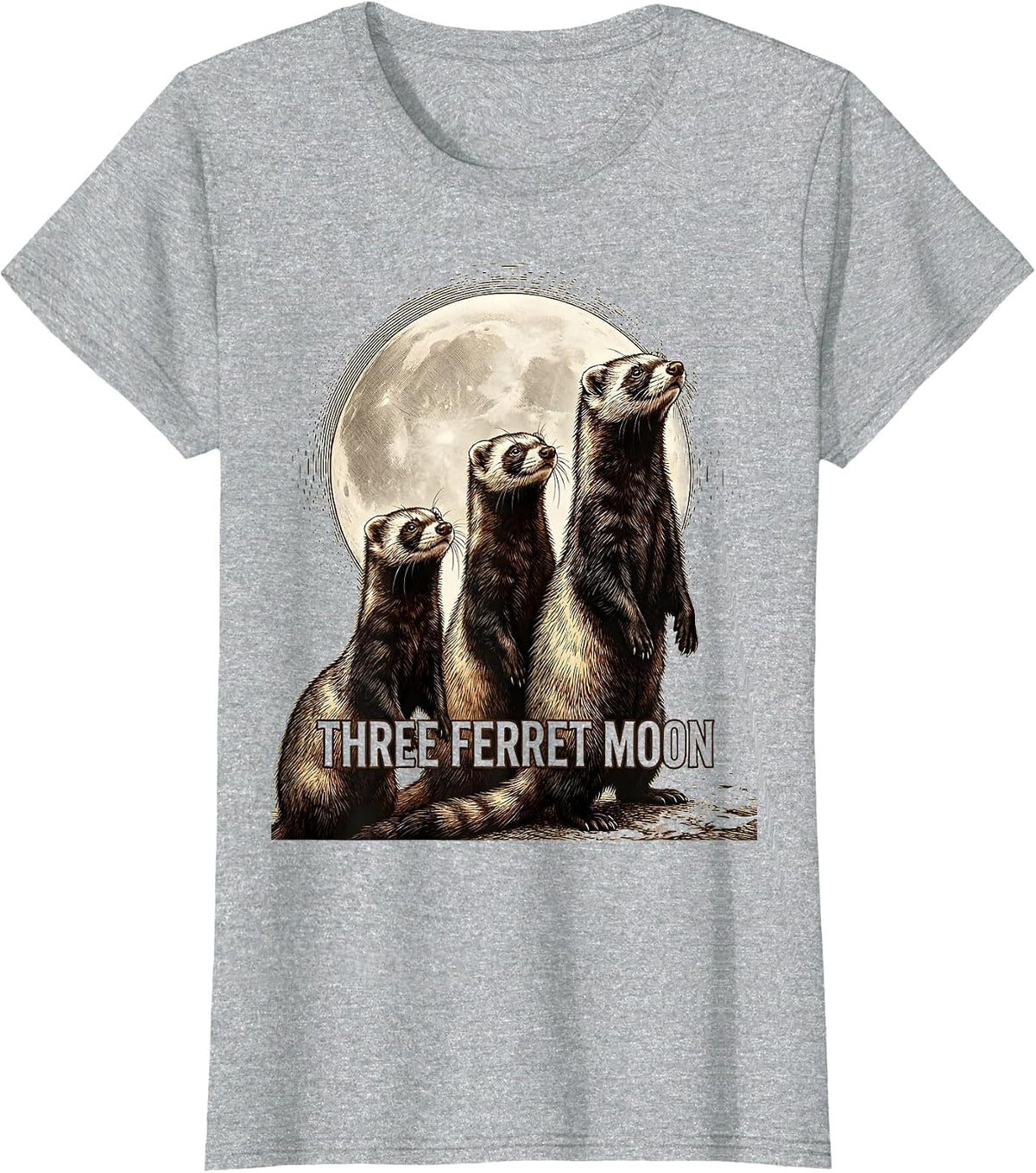 Three Ferret Moon Crosshatch Etching Ferret Lover Absurdist T-Shirt - Heather Grey