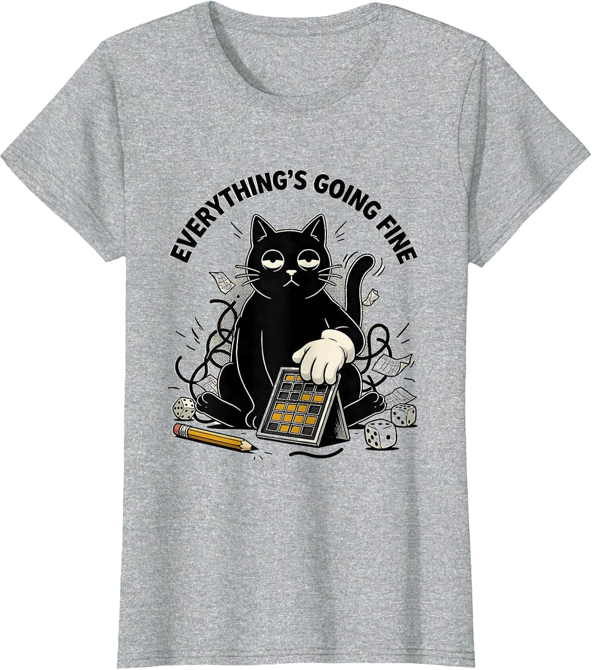 Everything's Going Fine Retro Cartoon Gamer Cat RPG Nerdy T-Shirt - Heather Grey
