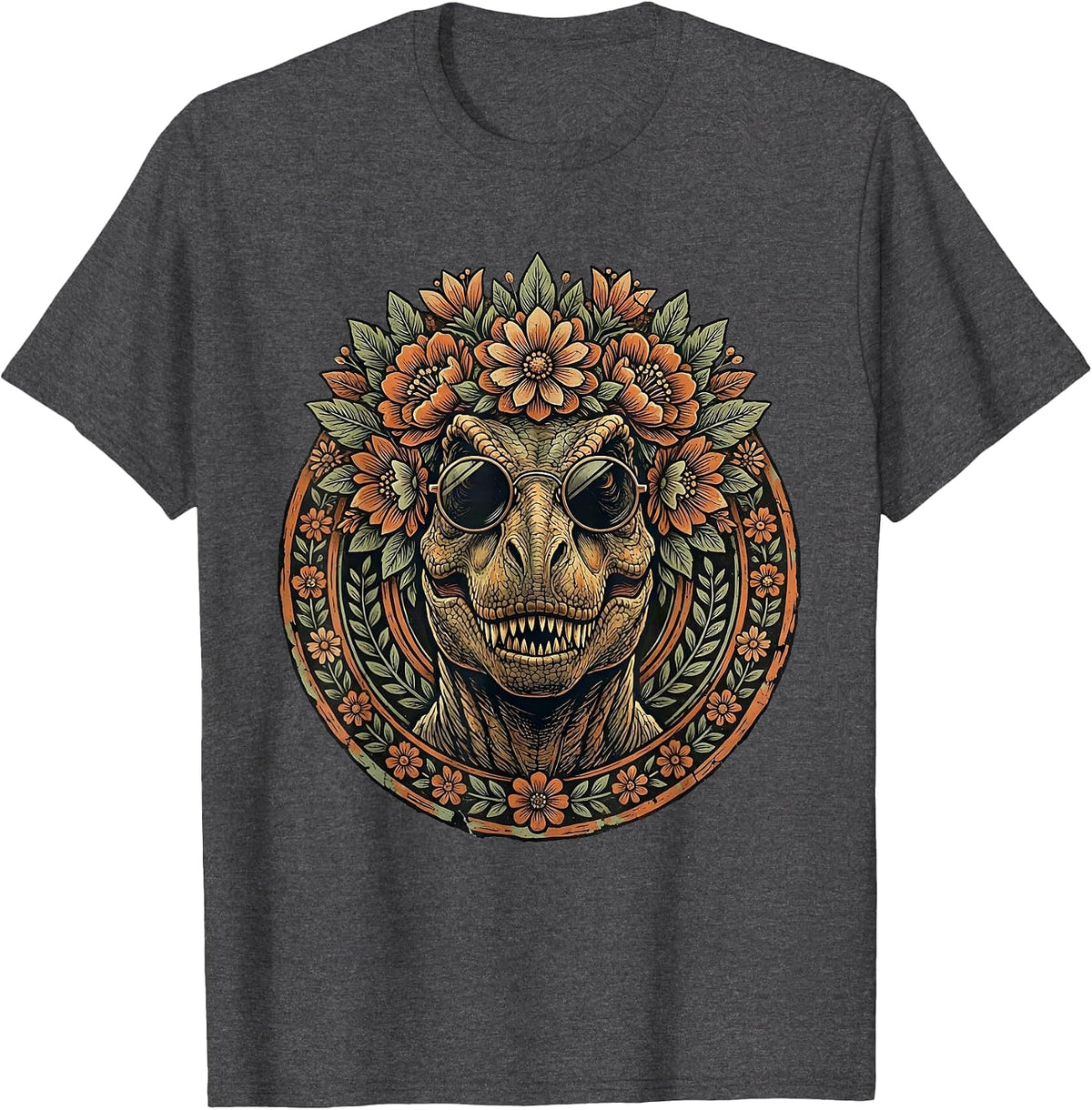 Floral Crown T-Rex Sunglasses Dinosaur Design T-Shirt - Dark Heather Grey