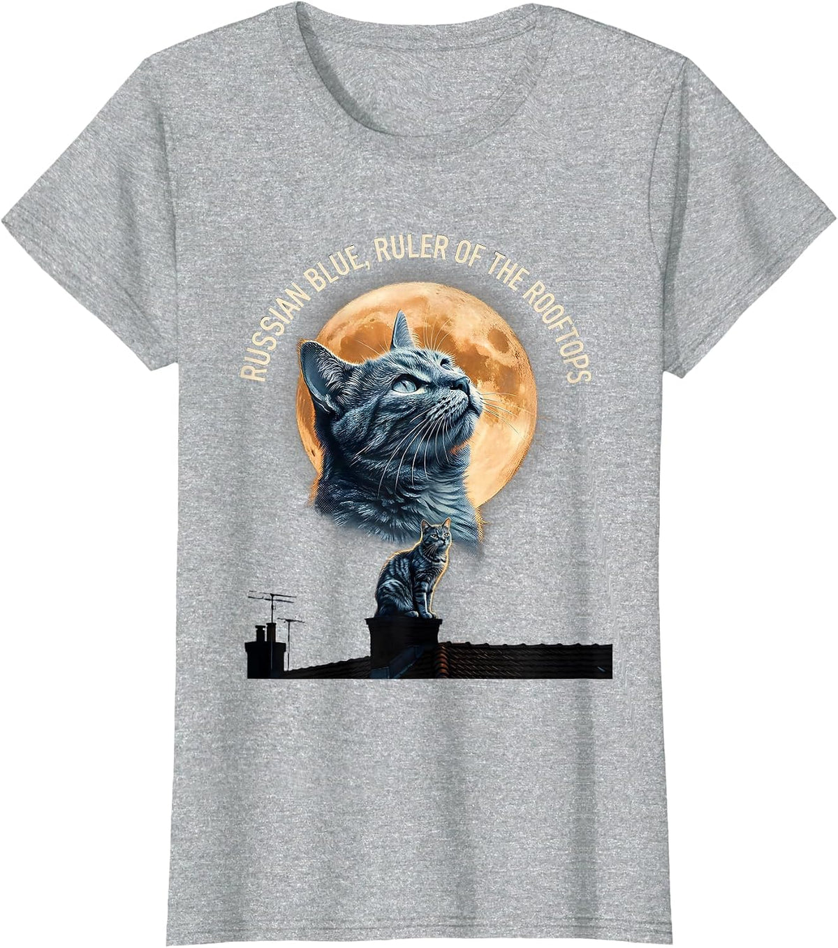 Russian Blue Ruler of the Rooftops 90s Retro Cat Art T-Shirt - Heather Grey
