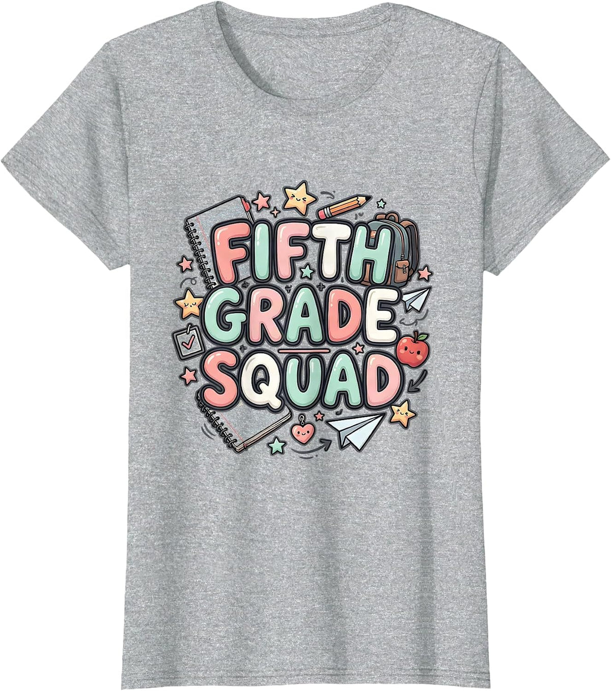 Women's Fifth Grade Squad Kawaii Doodle Back to School Teacher T-Shirt - Heather Grey