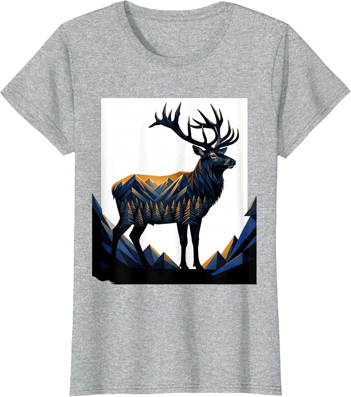 Women's Elk Profile Geometric Mountain Hunting Outdoor Enthusiast T-Shirt - Heather Grey