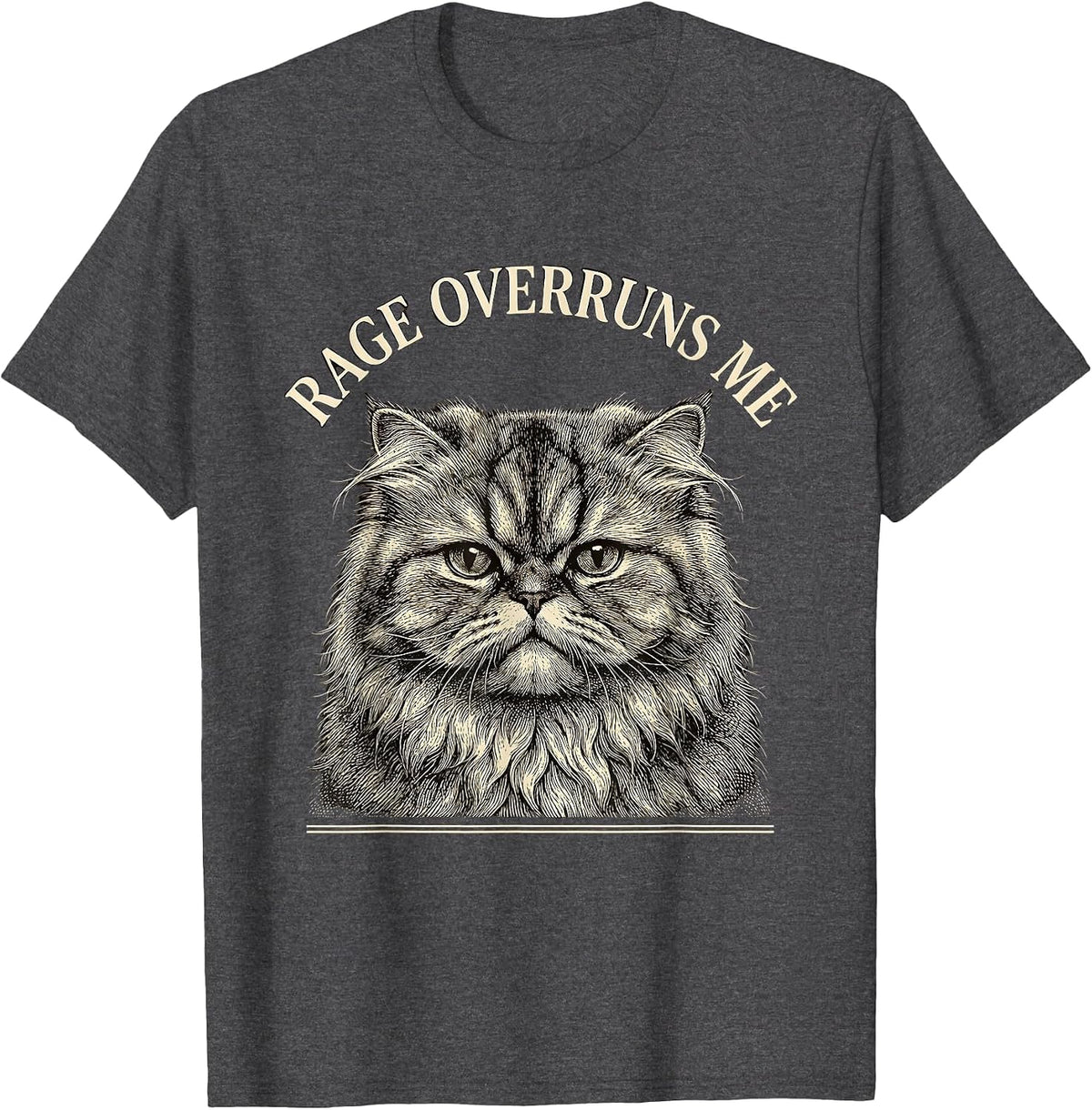 Rage Overruns Me Crosshatch Etching Persian Cat Meme Humor T-Shirt - Dark Heather Grey