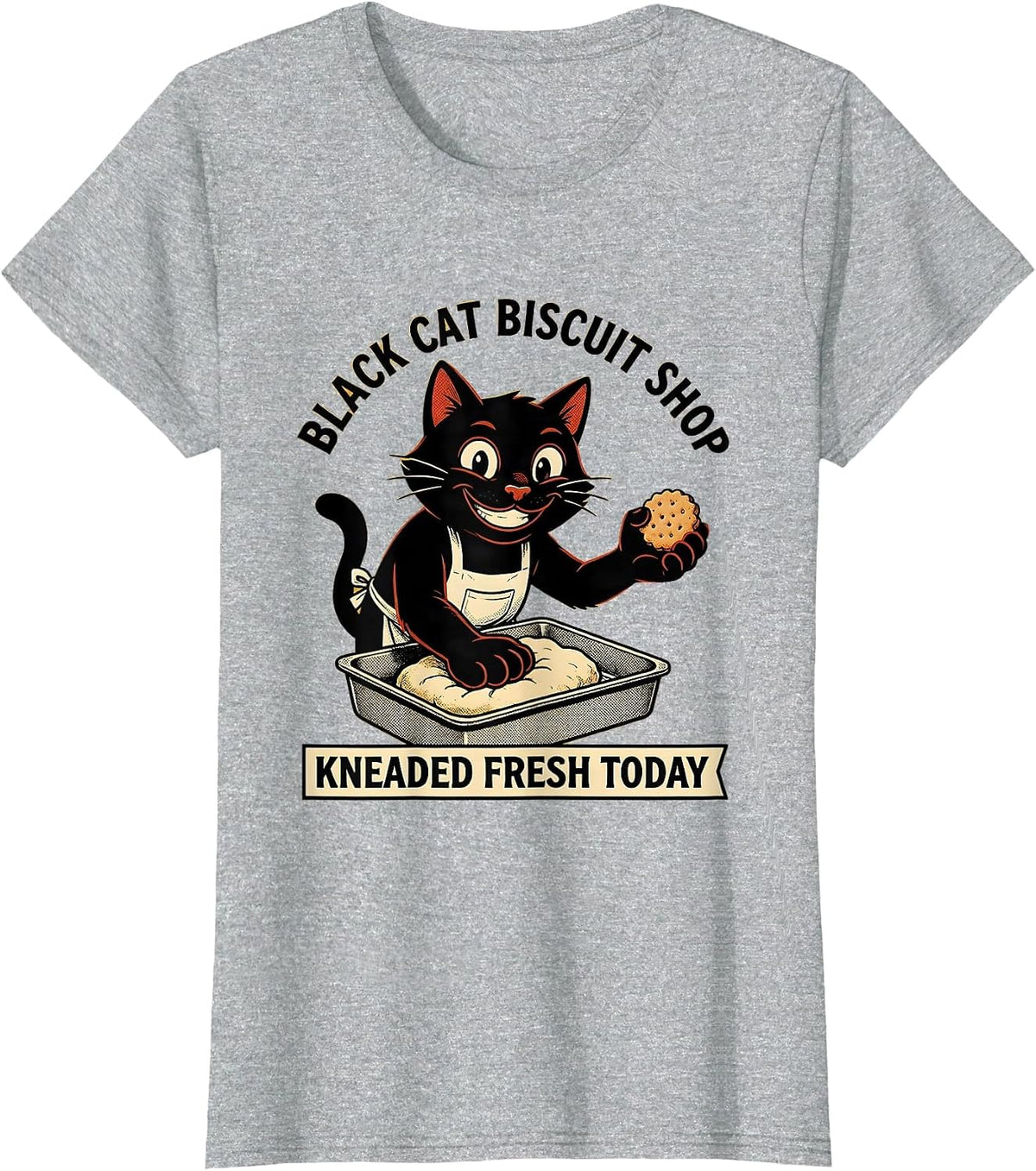 Women's Black Cat Biscuit Shop Kneaded Fresh Today Funny Cat Lover T-Shirt - Heather Grey