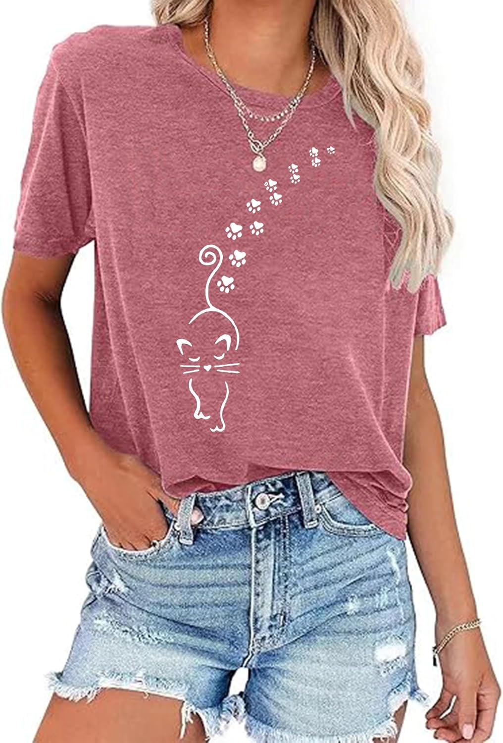 BOMYTAO Cute Cat Shirt for Women Cat Mom Heartbeat Paw Print T-Shirt Short Sleeve Casual Tee Top - Pink-2