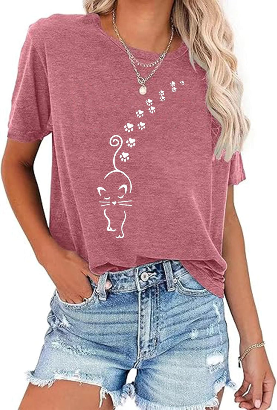 BOMYTAO Cute Cat Shirt for Women Cat Mom Heartbeat Paw Print T-Shirt Short Sleeve Casual Tee Top - Pink-2