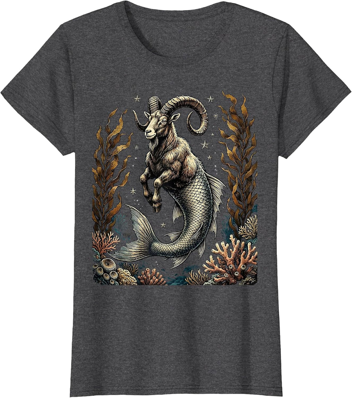Women's Capricorn Zodiac Deep Sea Fish-Tailed Goat T-Shirt - Dark Heather Grey