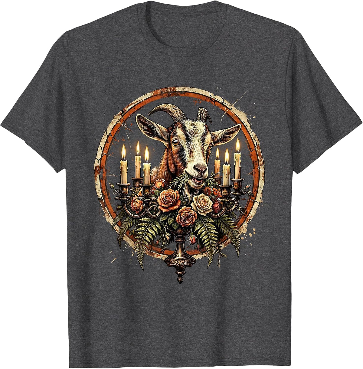 Goat Crashing the Dinner Table Funny Illustration T-Shirt - Dark Heather Grey