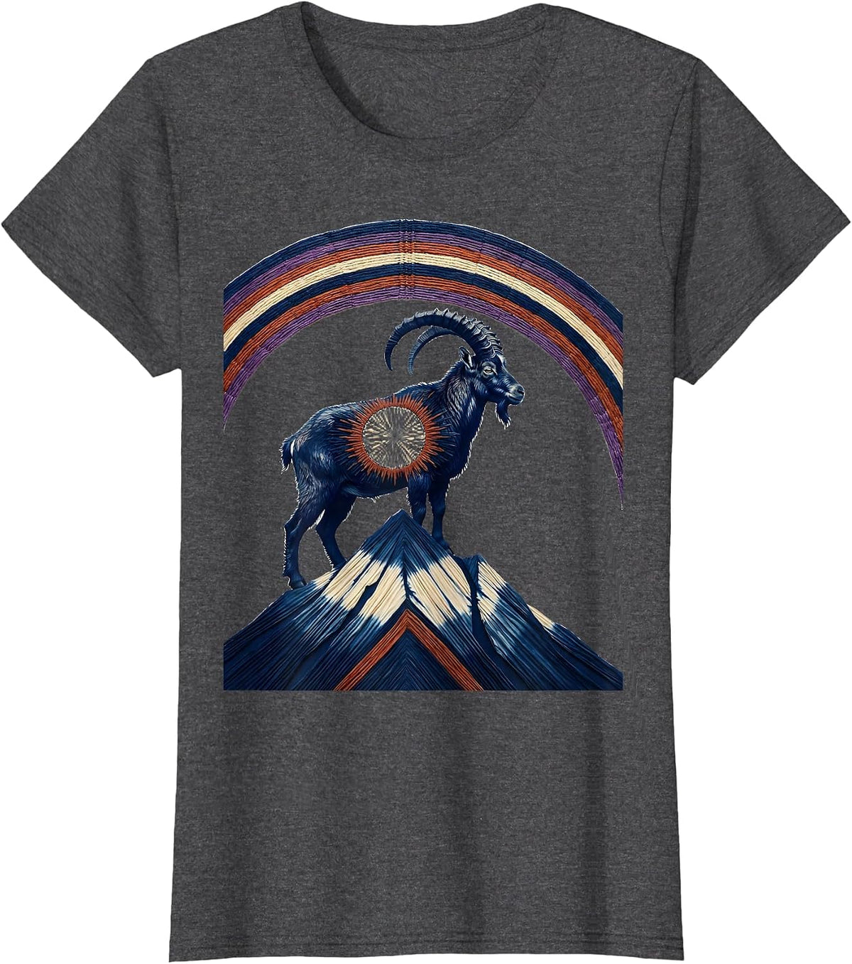 Women's Hippie Goat on Mountain Rainbow Graphic T-Shirt - Dark Heather Grey