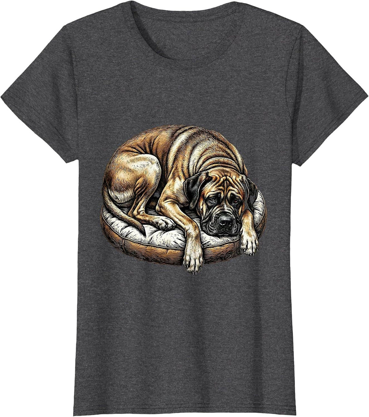 Women's Great Dane Tiny Bed Funny Dog Lover Graphic T-Shirt - Dark Heather Grey