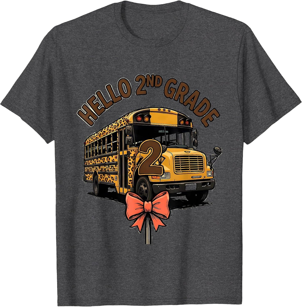Hello 2nd Grade Leopard Rosette School Bus Back To School T-Shirt - Dark Heather Grey