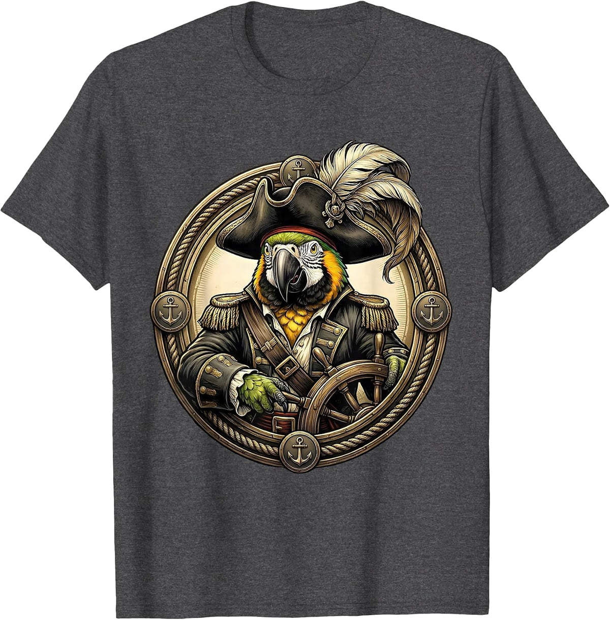 Pirate Captain Parrot Novelty Graphic Design T-Shirt - Dark Heather Grey
