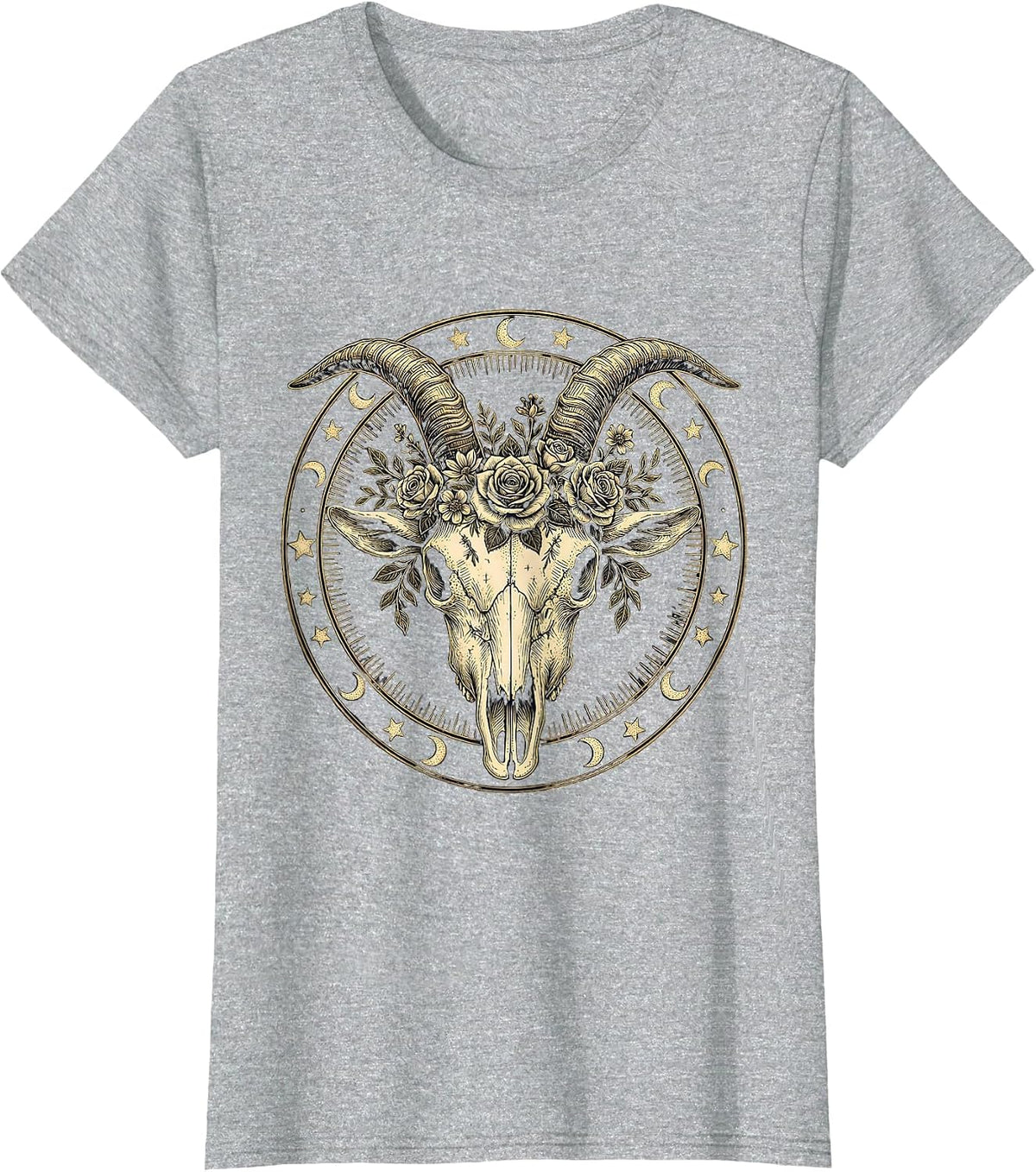 Capricorn Goat Skull Floral Crown Zodiac T-Shirt - Heather Grey