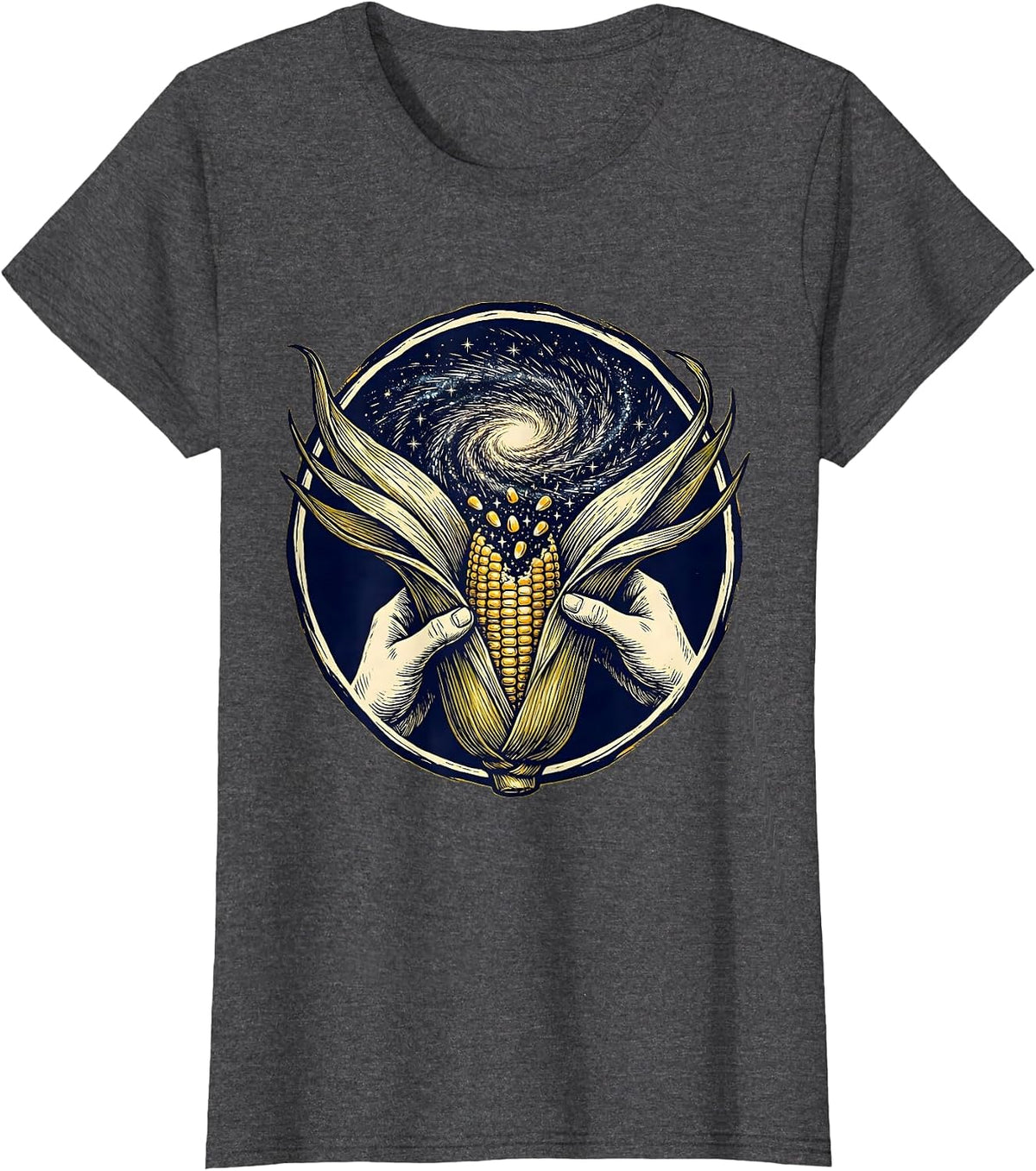 Women's Cosmic Corn Galaxy Peel Graphic Design T-Shirt - Dark Heather Grey