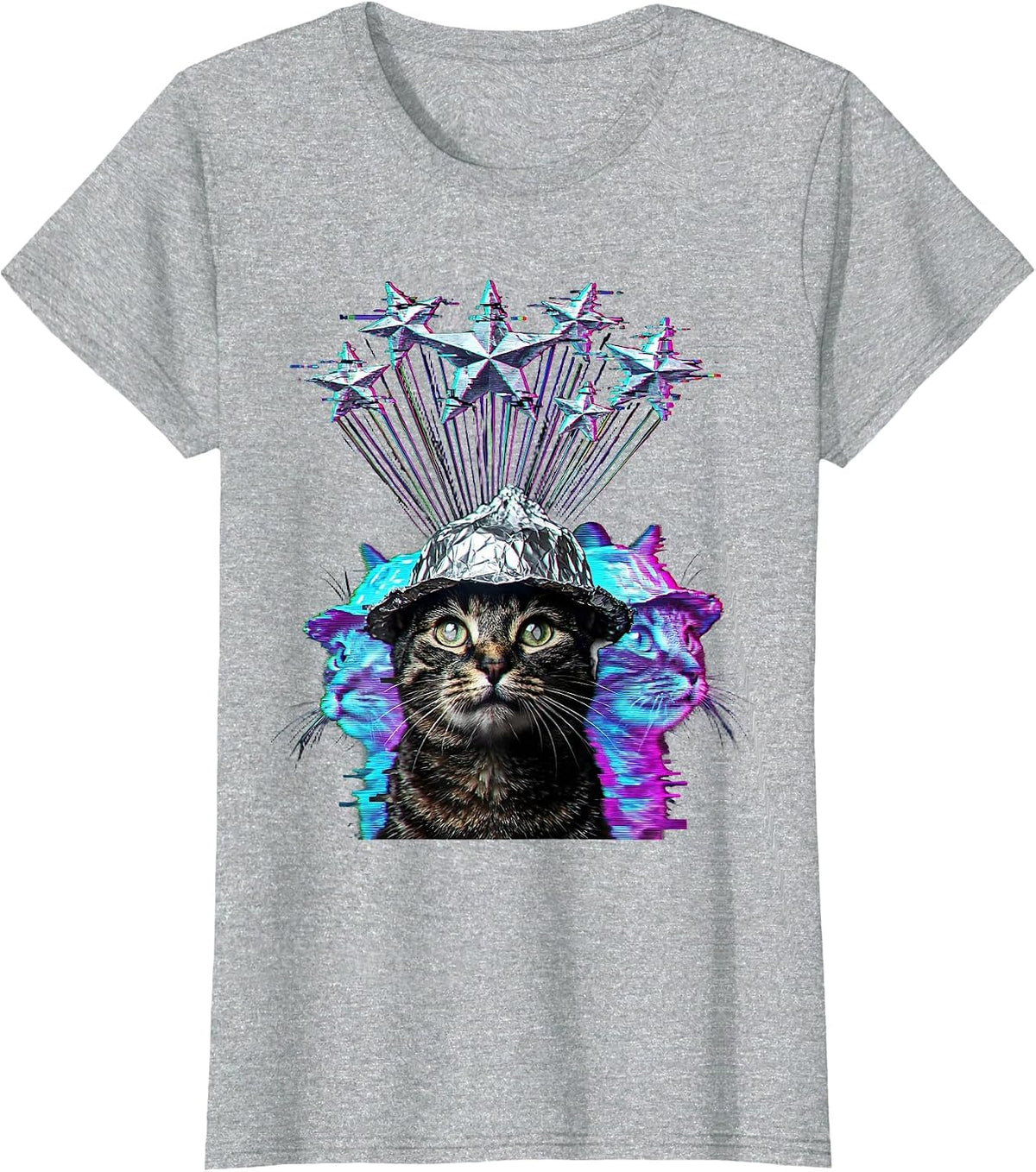 Conspiracy Cat Tinfoil Hat Stargazing Design T-Shirt - Heather Grey