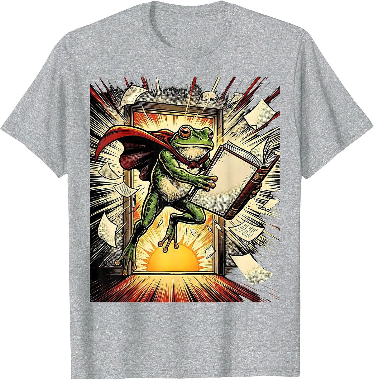 Leaping Caped Frog Comic Book Teacher Back To School T-Shirt, Men, Heather Grey, 3X-Large - As Pictured
