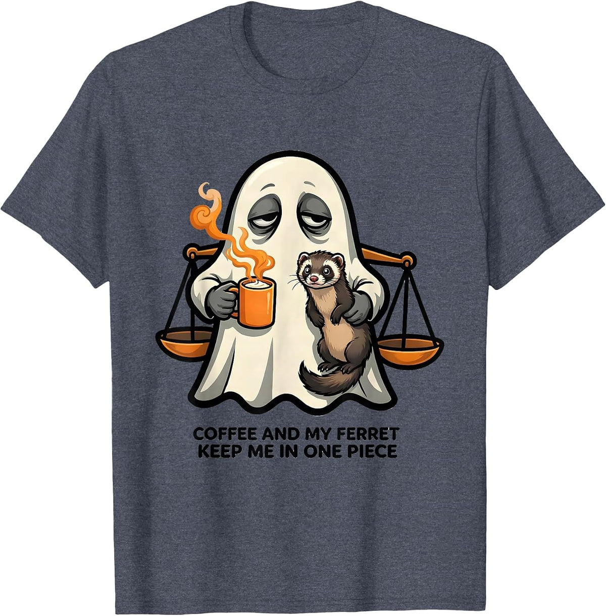 Coffee And My Ferret Keep Me In One Piece Funny Ghost T-Shirt - Heather Blue