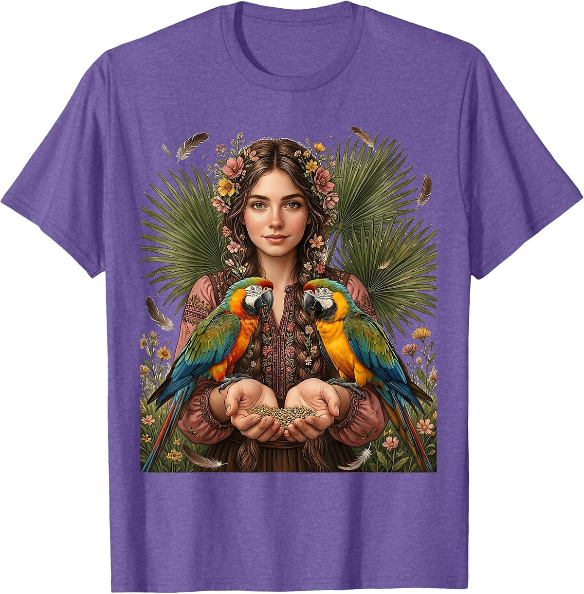 Men's Mexican Girl With Braids Feeding Colorful Parrots T-Shirt - Purple Heather