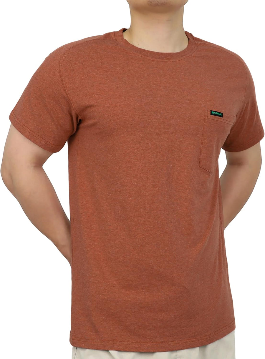 BOCOMAL Non FR - Men's Work Shirts Crewneck Tees Stretch-Cotton Relaxed Fit - Heather Brick Red-short Sleeve