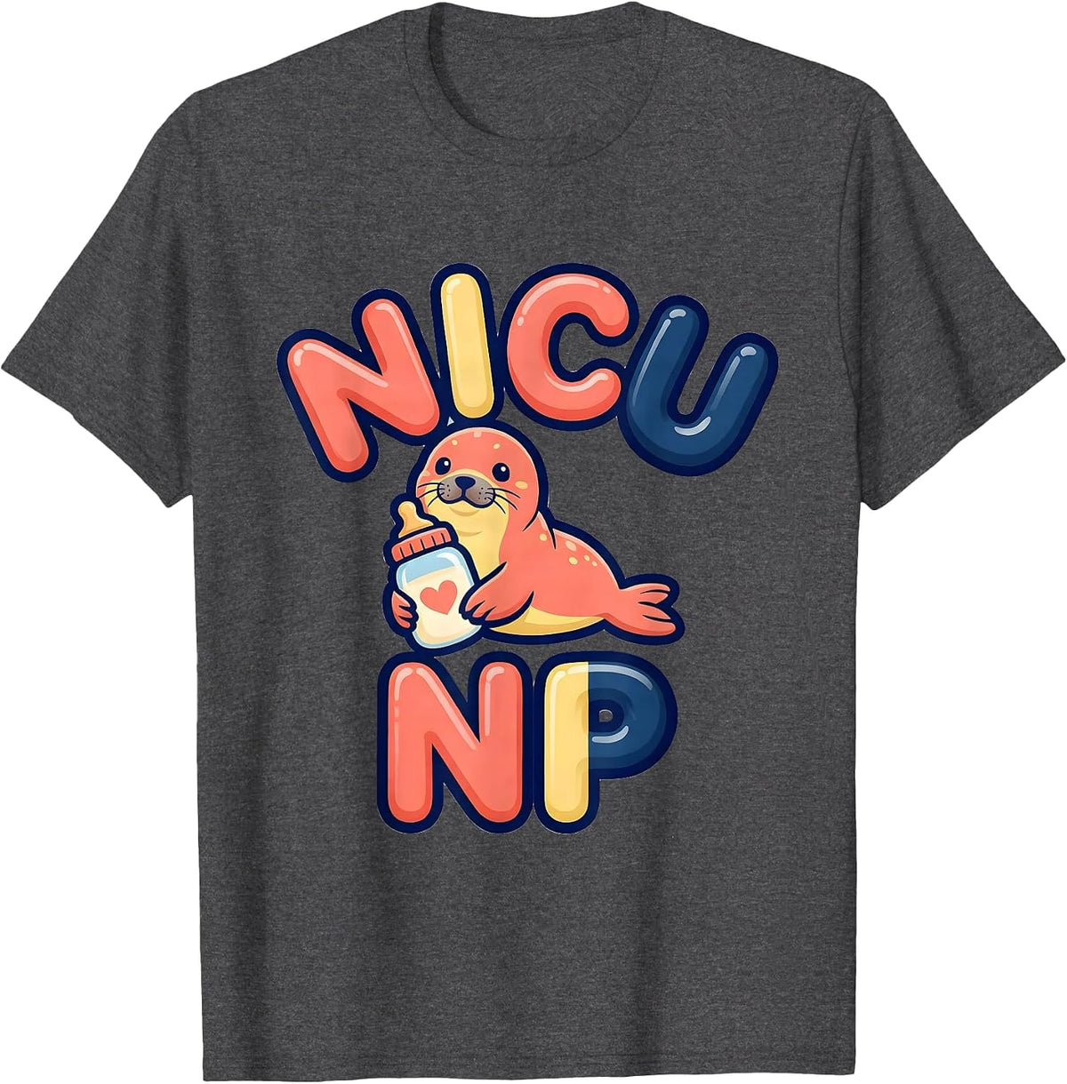 NICU NP Cute Animal Bubble-Letter Pediatric Nurse T-Shirt - Dark Heather Grey