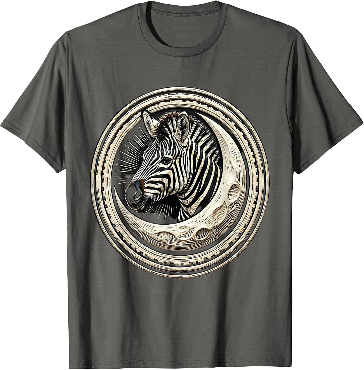 Zebra Head Crescent Moon Celestial Wildlife Art T-Shirt - Asphalt Grey