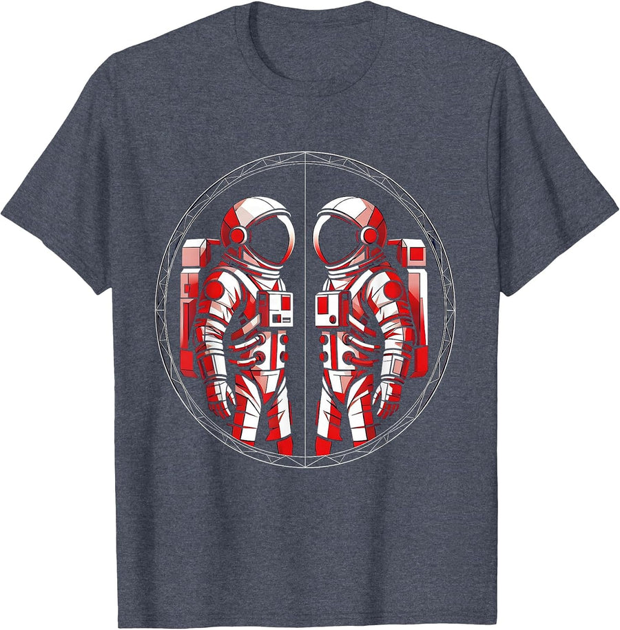Twin Day Astronaut Mirror Image Space Design T-Shirt - Heather Blue