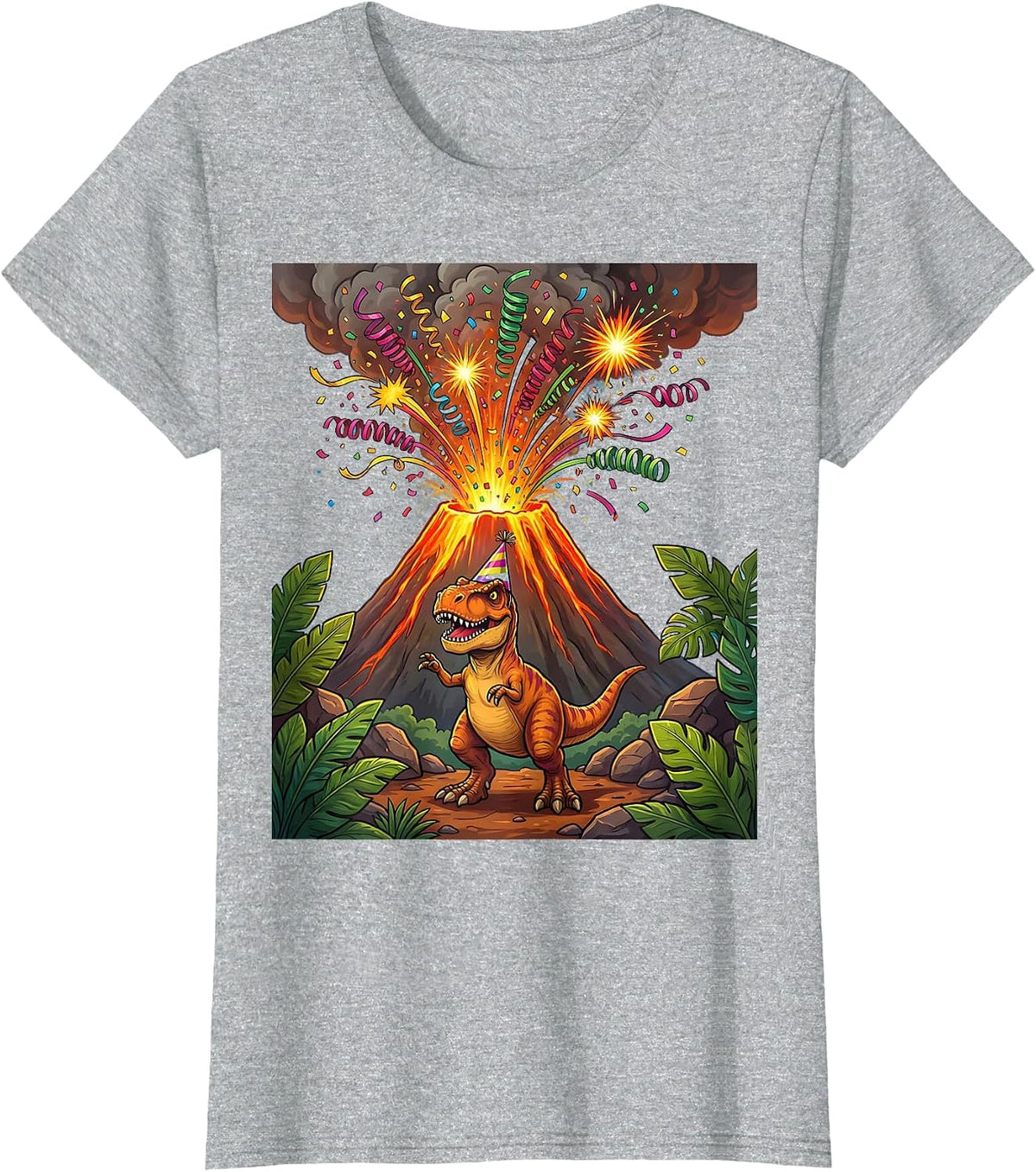 Women's Dinosaur Birthday Volcano Confetti Celebration T-Shirt - Heather Grey