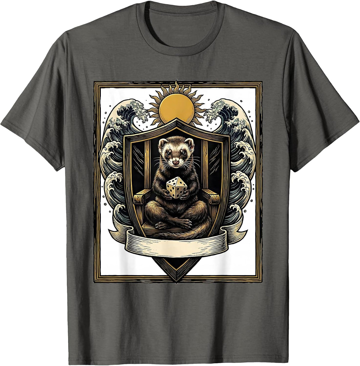 Men's Ferret Crest Gamer Novelty Anime Ukiyo-e T-Shirt - Asphalt Grey