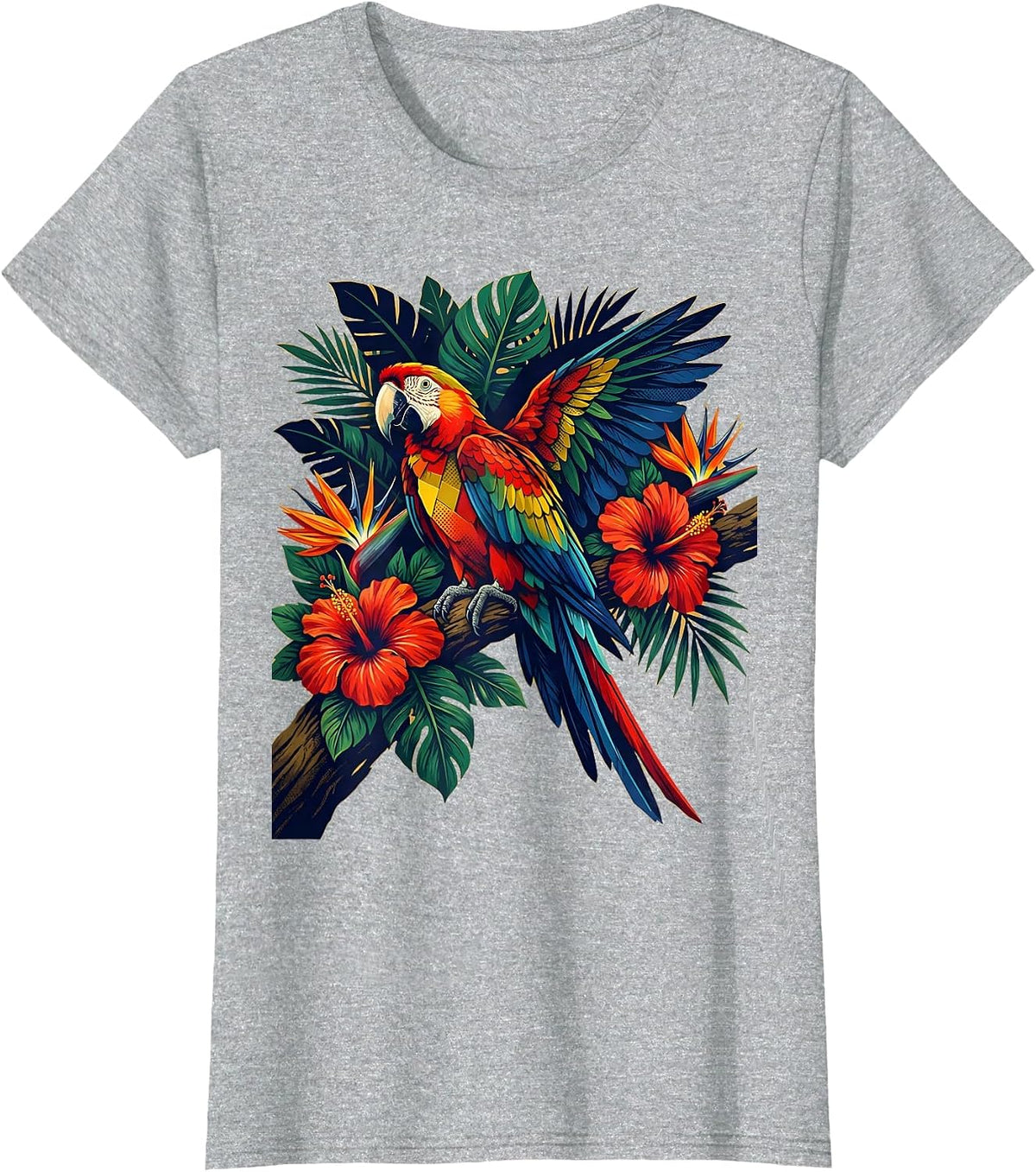 Mexico Parrot on Flowering Jungle Branch T-Shirt - Heather Grey