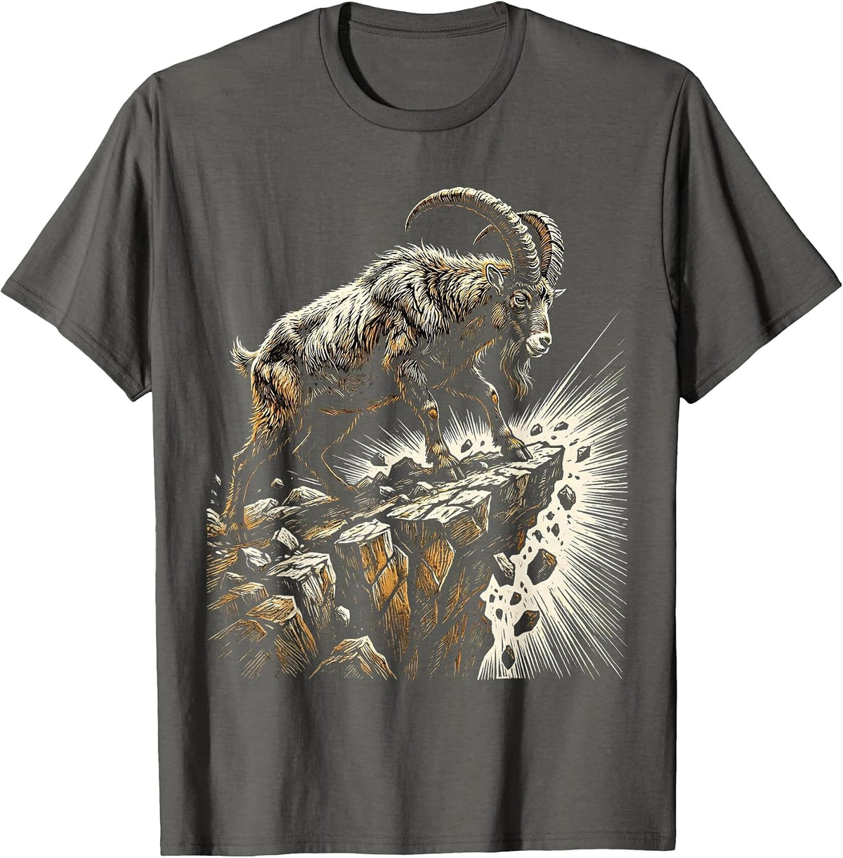 Men's Feral Goat on Crumbling Cliff Edge Illustration T-Shirt - Asphalt Grey