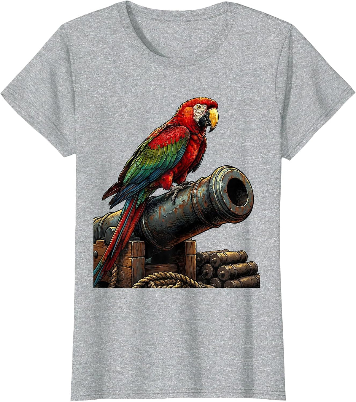 Pirate Parrot Perched on Cannon Barrel T-Shirt - Heather Grey