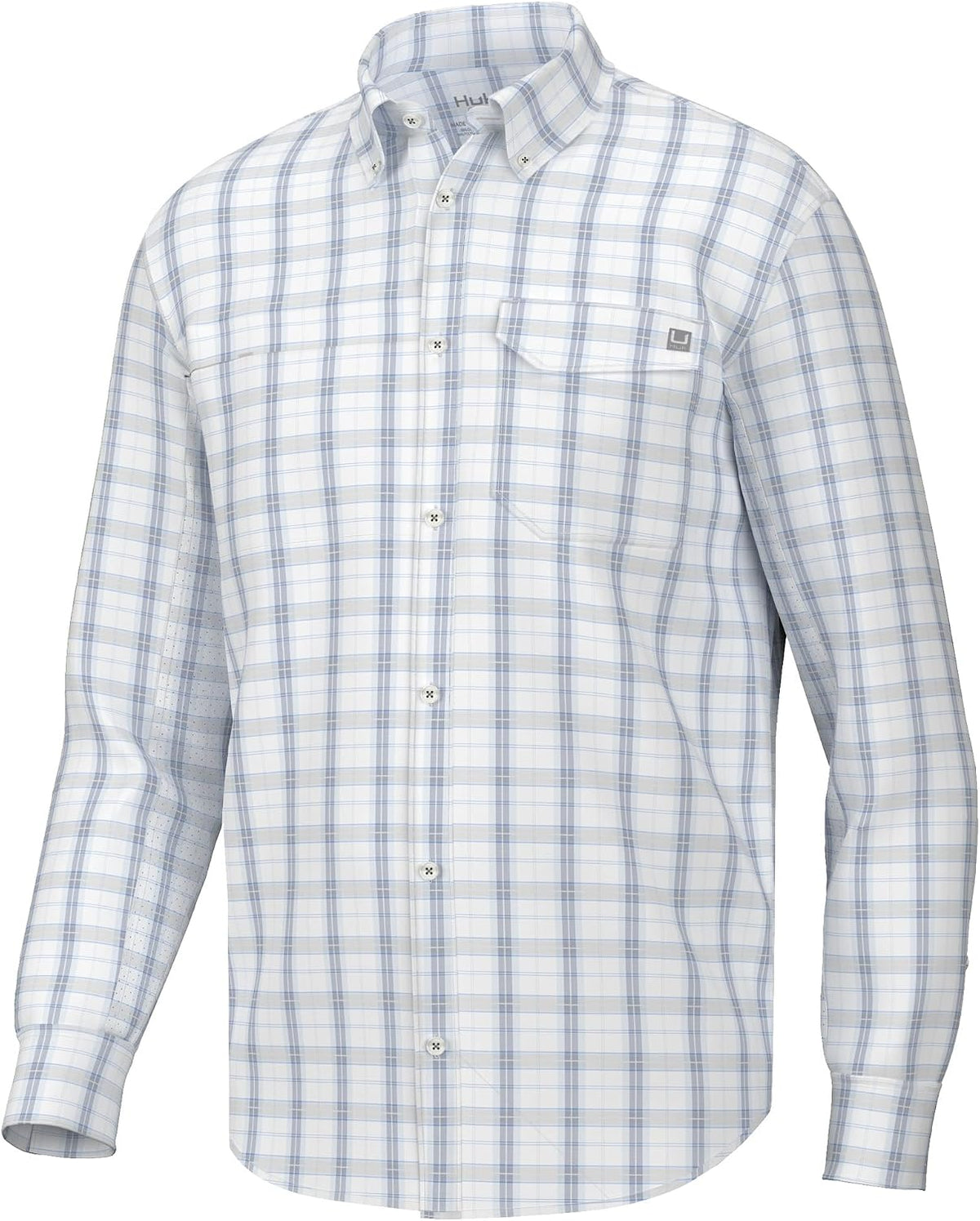 HUK Men's Tide Point Pattern Long Sleeve Shirt, Fishing Button Down - Latitude - Quiet Harbor