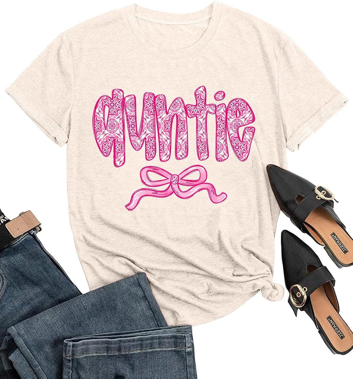 Auntie Shirts for Women Funny Letter Print Short Sleeve Aunt Gift Casual Loose Crew Neck Funny Graphic Tee Tops - 21 Apricot