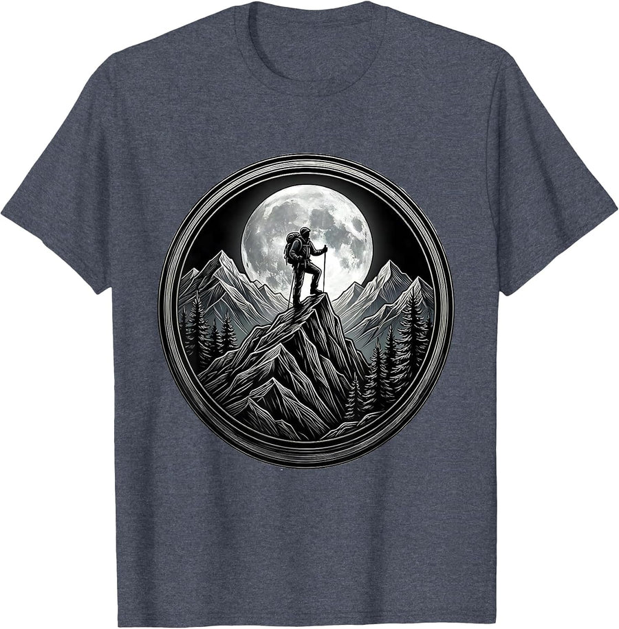 Lone Hiker Mountain Ridge Silhouette Adventure T-Shirt - Heather Blue