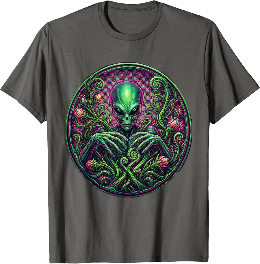 Alien Botanist Tending Glowing Exotic Plants T-Shirt - Asphalt Grey