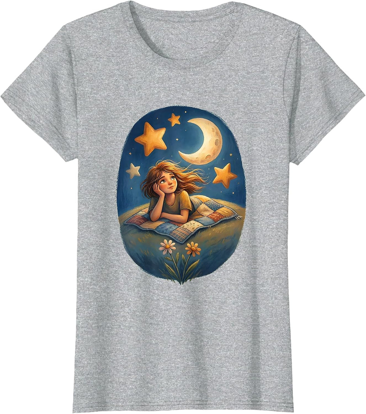 Sally Stargazing Hilltop Night Sky Illustration T-Shirt - Heather Grey