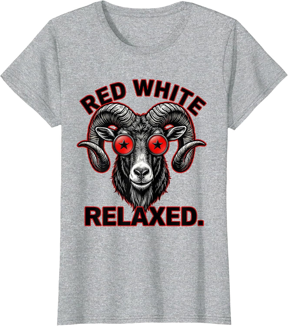 Women's Red White Relaxed Tattoo Bold Goat Head Patriotic Humor T-Shirt - Heather Grey
