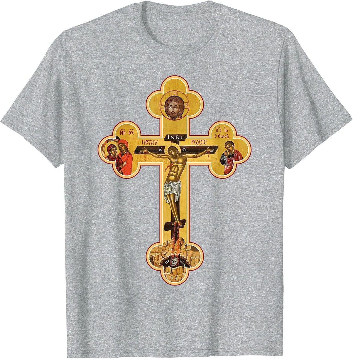 Greek Orthodox Jesus Christ Cross Icon T-Shirt - Heather Grey