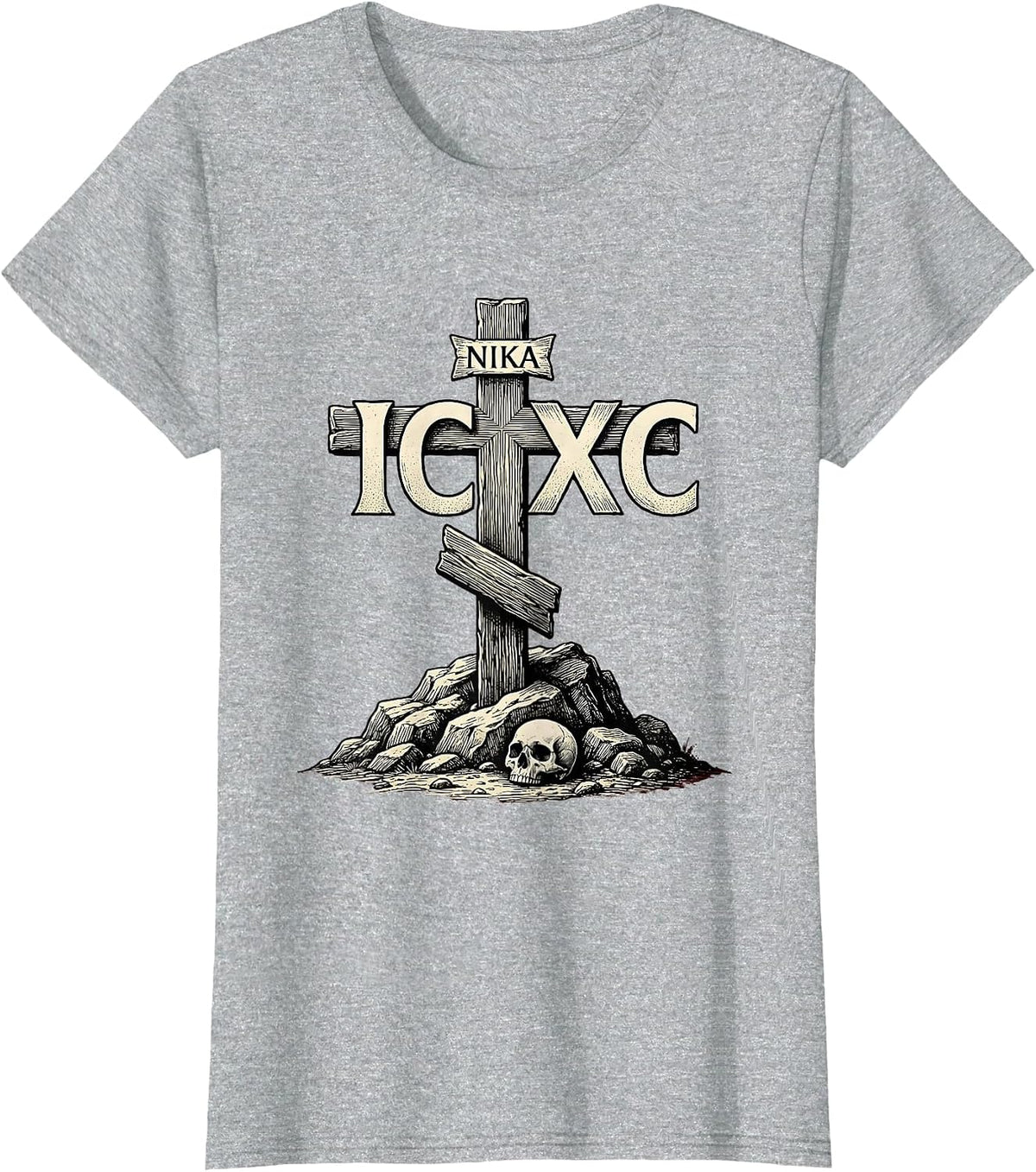 IC XC NIKA Vintage Eastern Orthodox Cross Christogram Skull T-Shirt - Heather Grey