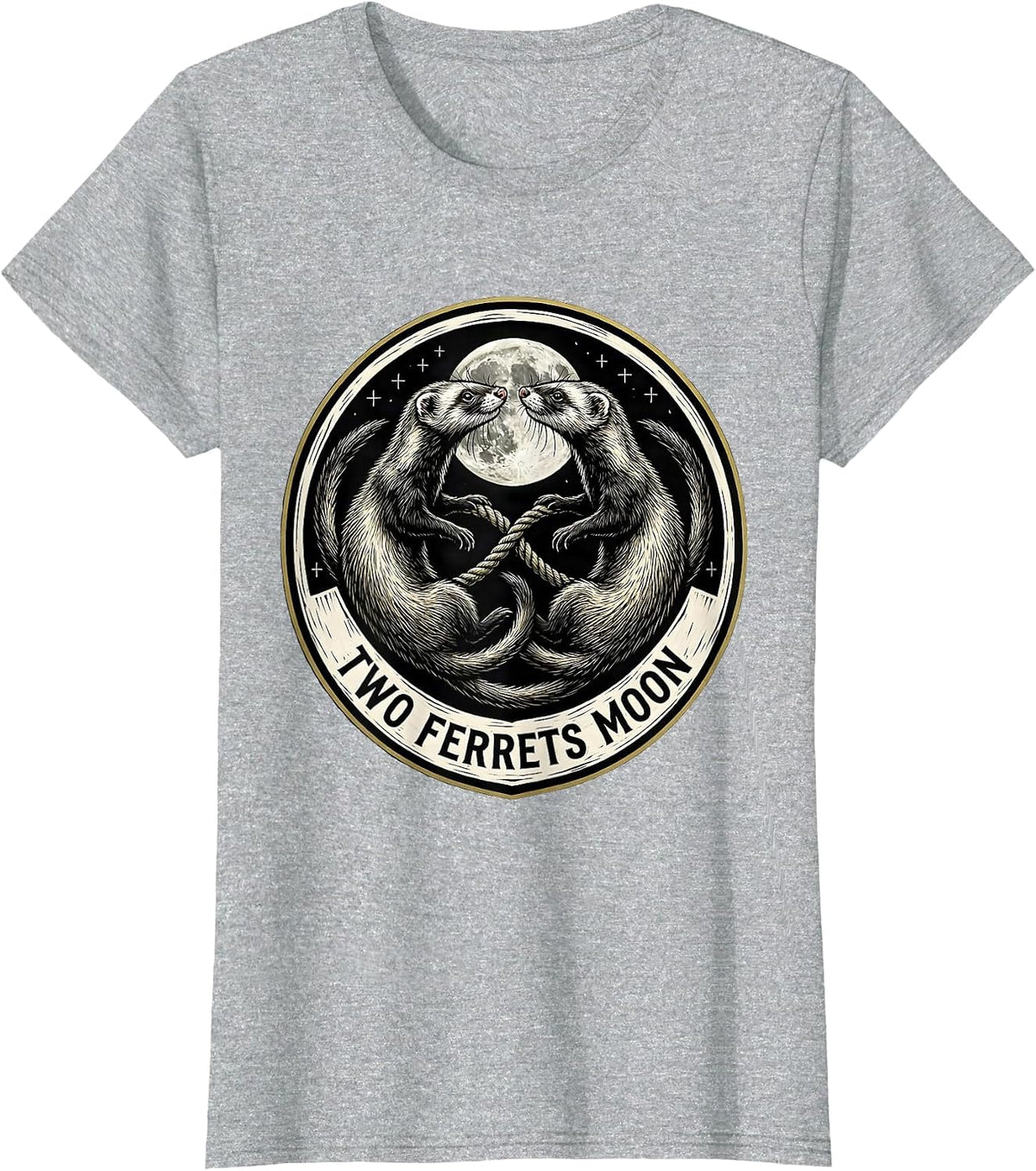 Two Ferrets Moon Woodcut Engraving Funny Ferret Lover Gift T-Shirt - Heather Grey