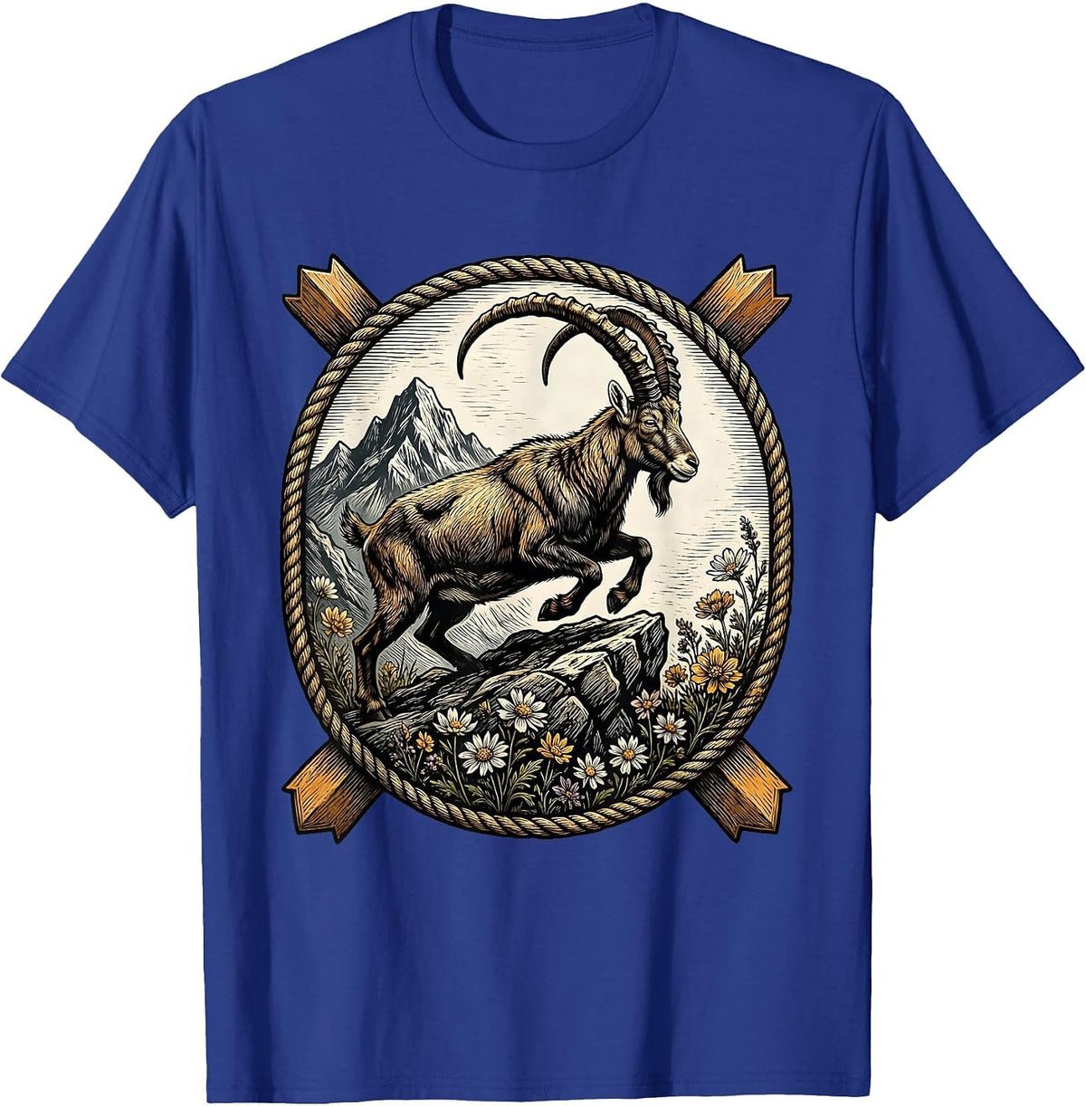 Men's Alpine Mountain Goat Oktoberfest Rocky Ledge Design T-Shirt - Royal Blue