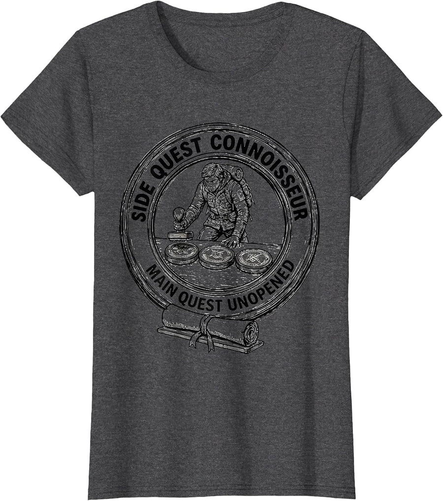 Women's Side Quest Connoisseur, Main Quest Unopened RPG Gamer T-Shirt - Dark Heather Grey