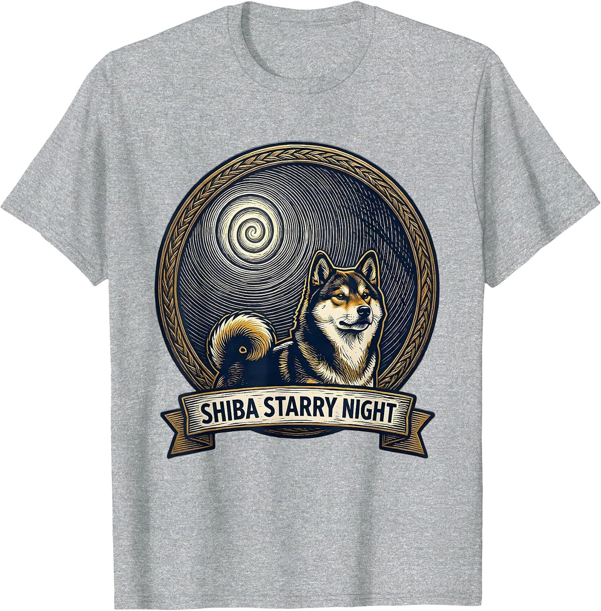 Men's Shiba Starry Night Woodcut Engraving Pet Lover Funny Van T-Shirt - Heather Grey
