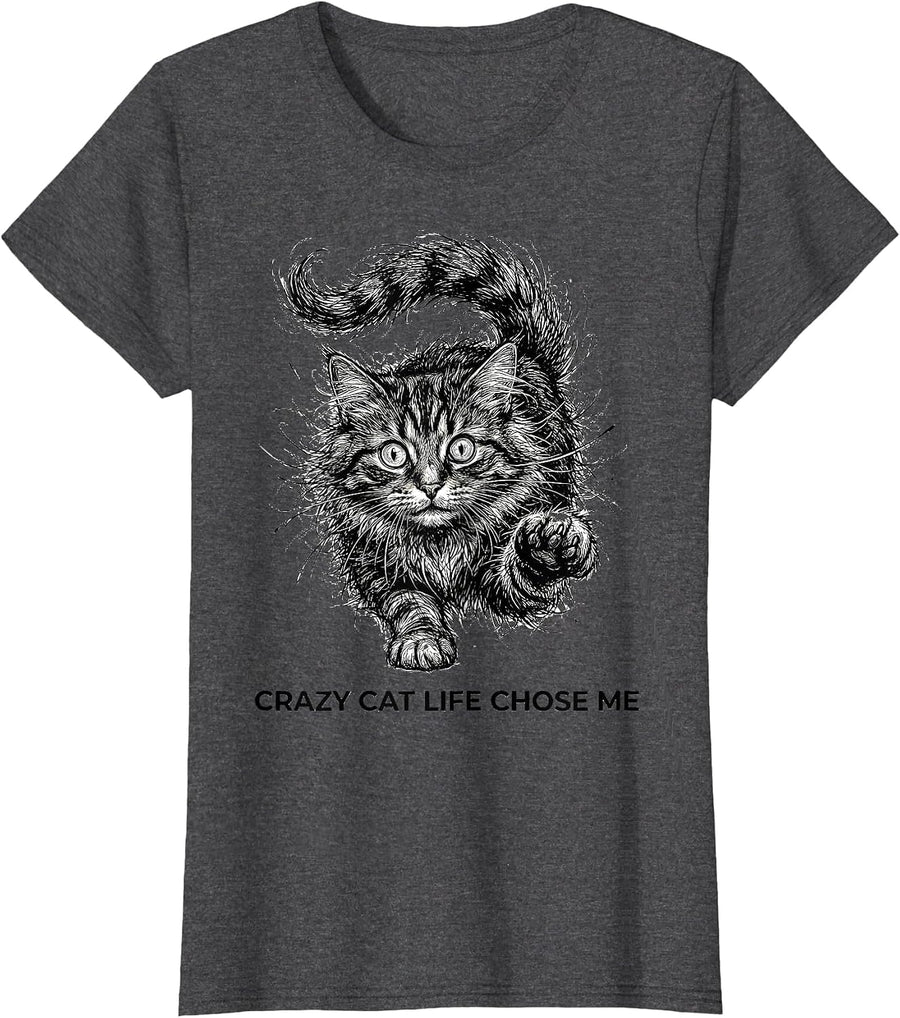 Women's Crazy Cat Life Chose Me Feline Design T-Shirt - Dark Heather Grey