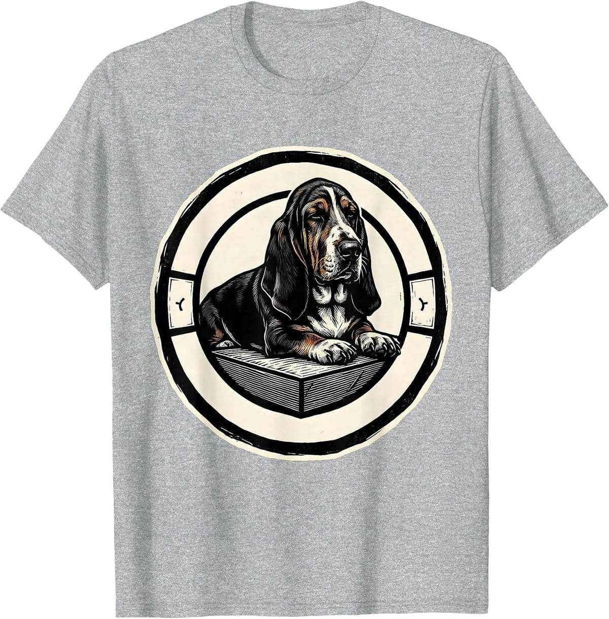 Men's Sleeping Basset Hound Linocut Animal Lover Pajama Humor T-Shirt - Heather Grey