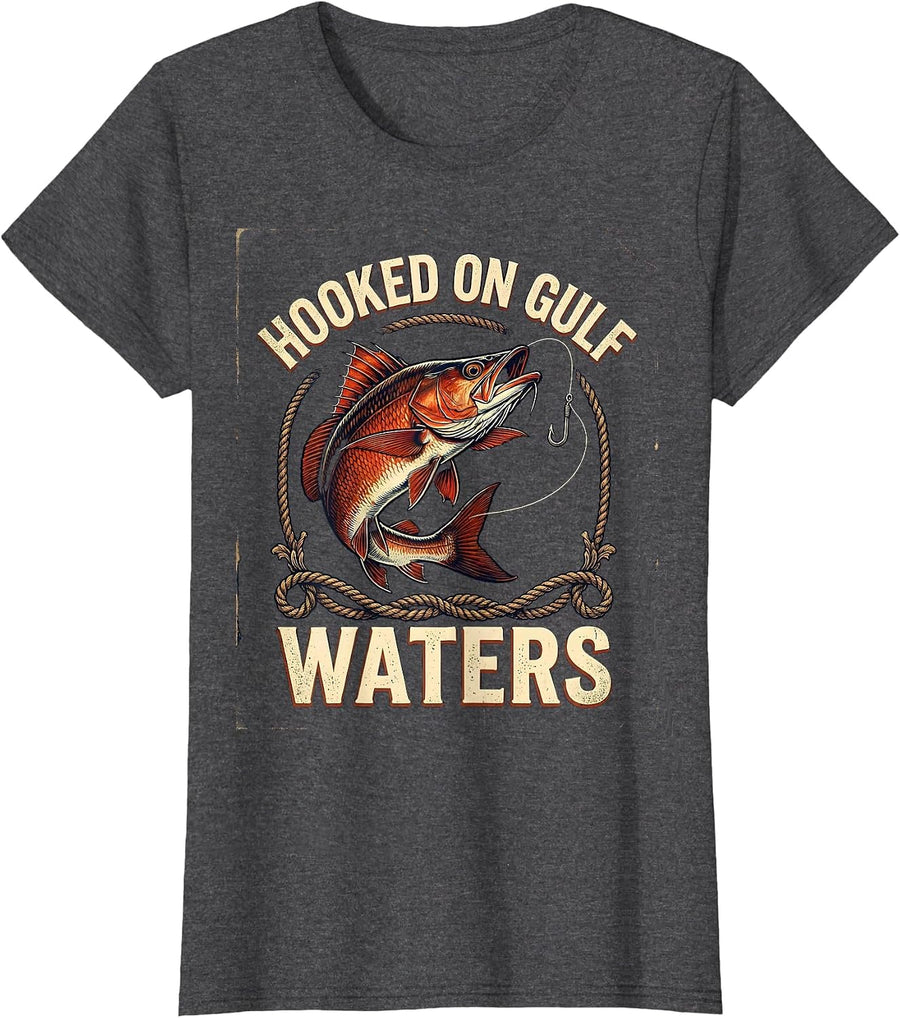 Women's Hooked on Gulf Waters Fishing Design T-Shirt - Dark Heather Grey